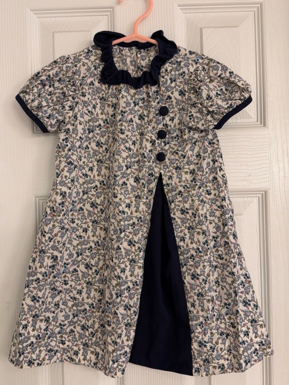 Girls' Floral Navy-Trim Casual Dress